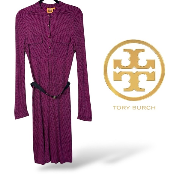TORY BURCH Hadley 100% Rayon Shirt Dress Front Chest Pockets Gold Buttons Sz XS - Picture 1 of 10